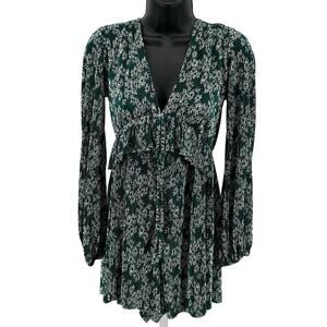 Topshop Romper WMNS 2 Floral Green Deep V-Neck Pleated Wide Leg Satin One Piece